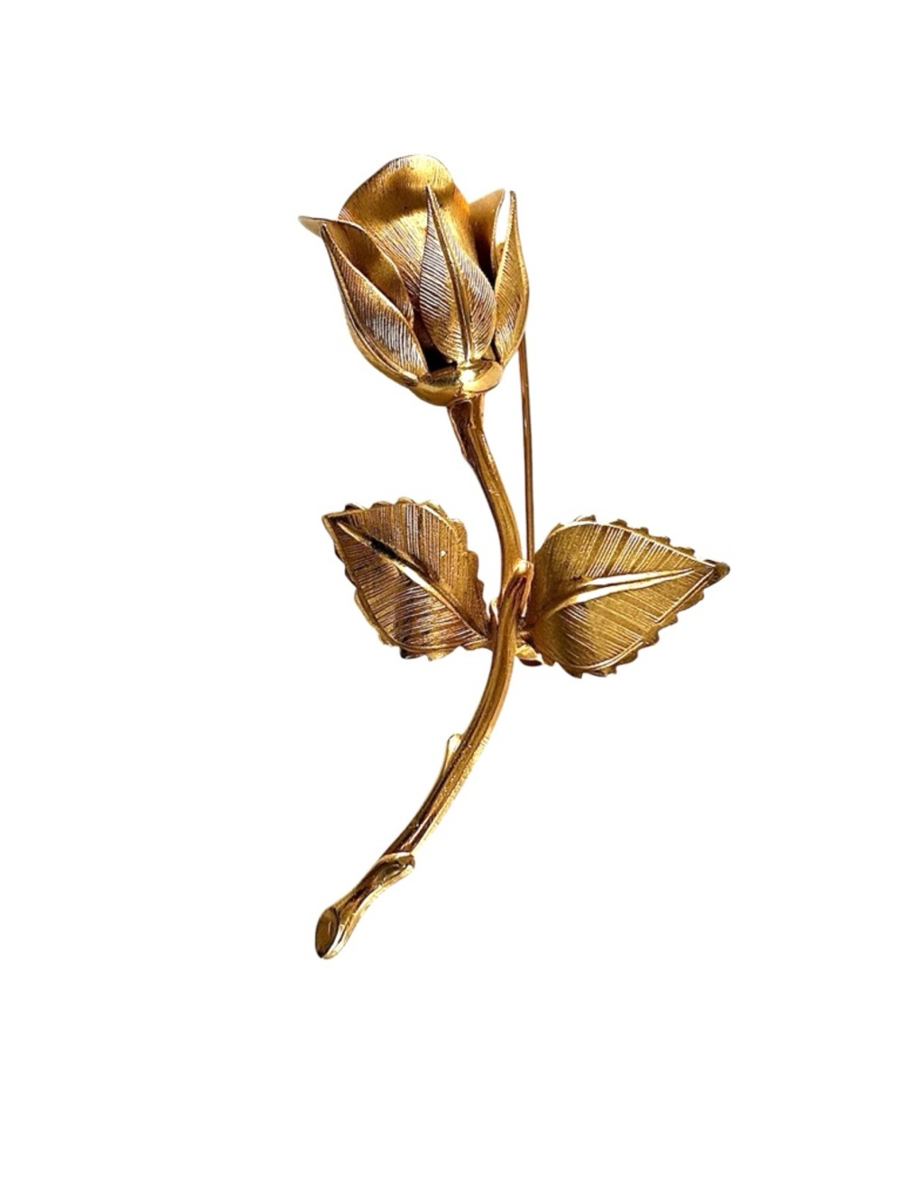 Gold tone Rose Brooch with Detailed Petal Bud and Etched Leaves on Stem Vintage